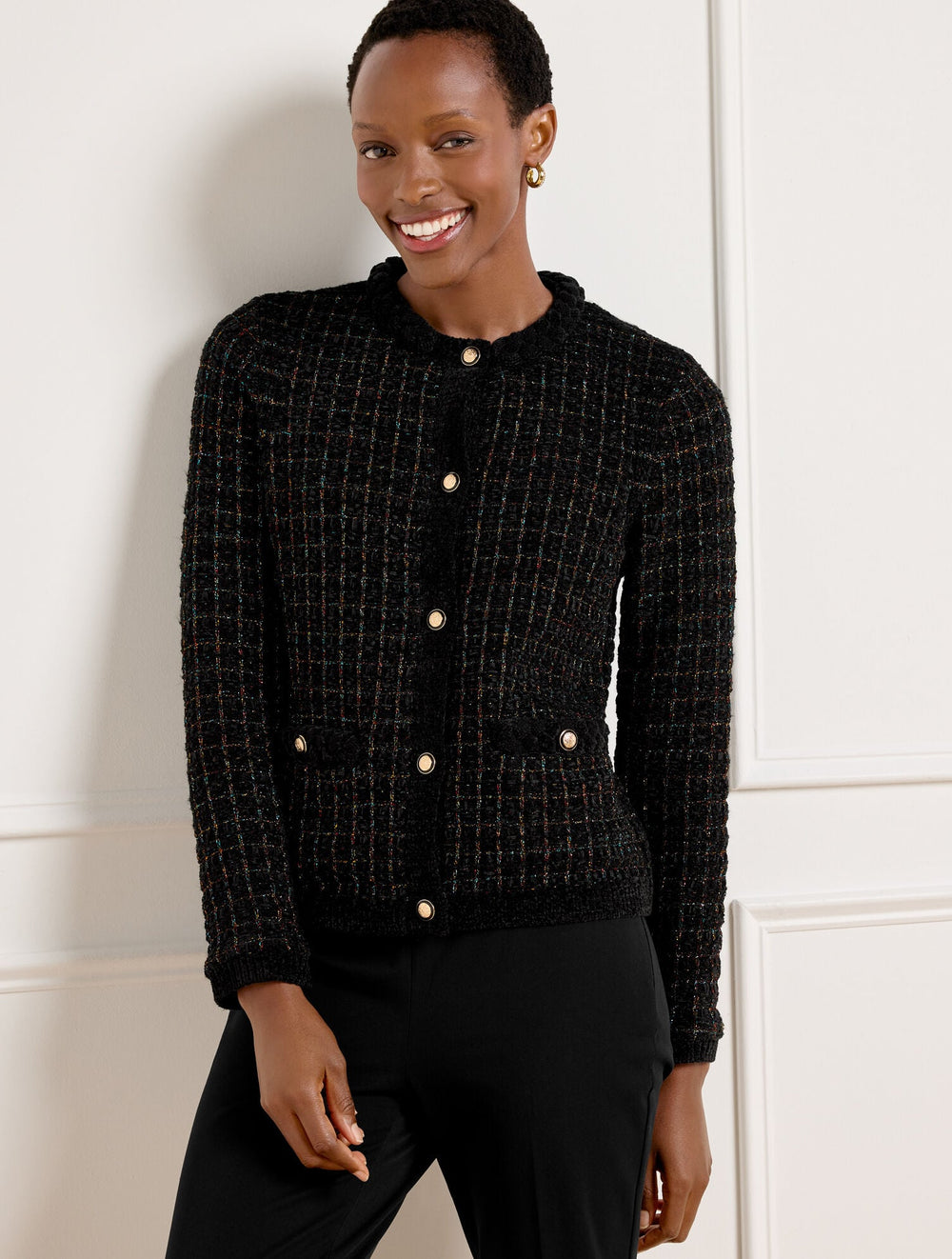CHENILLE CREWNECK CARDIGAN - METALLIC PLAID | Talbots for sale