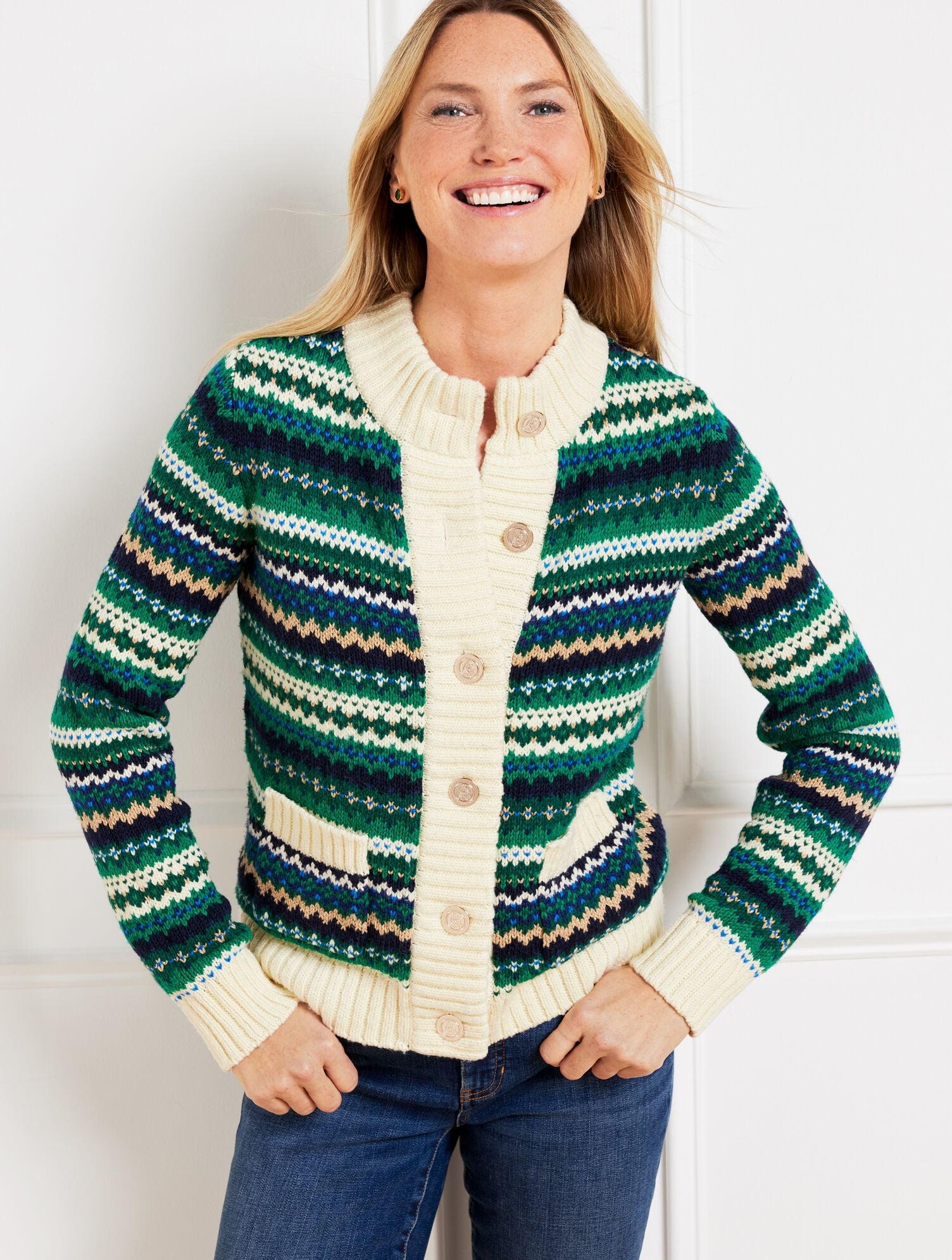 METALLIC MOCKNECK SWEATER JACKET - CADET FAIR ISLE | Talbots for sale