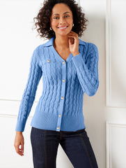 MIXED CABLE KNIT POLO CARDIGAN | Talbots on sale