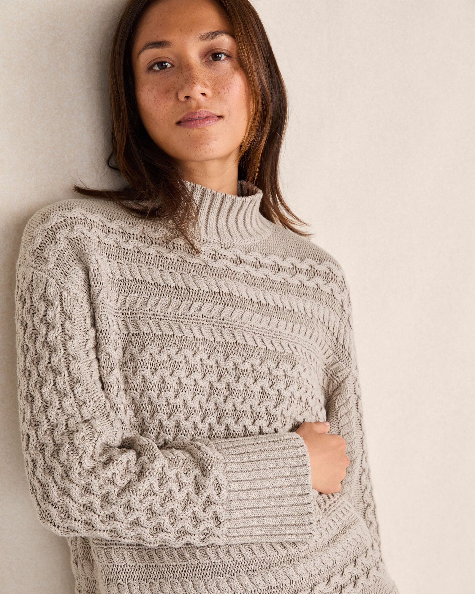 ORGANIC COTTON CABLE KNIT FUNNEL NECK SWEATER | Talbots sale