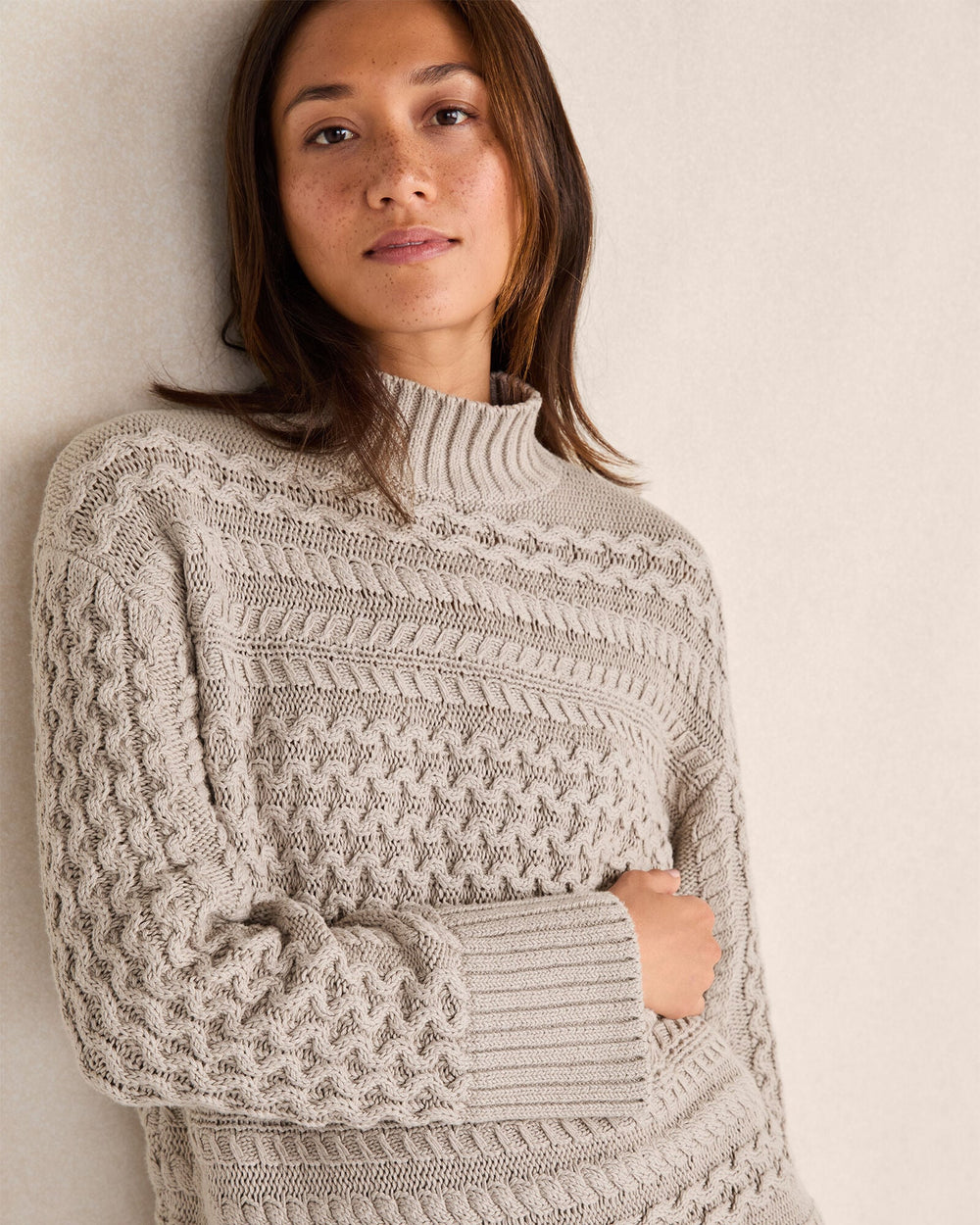 ORGANIC COTTON CABLE KNIT FUNNEL NECK SWEATER | Talbots sale