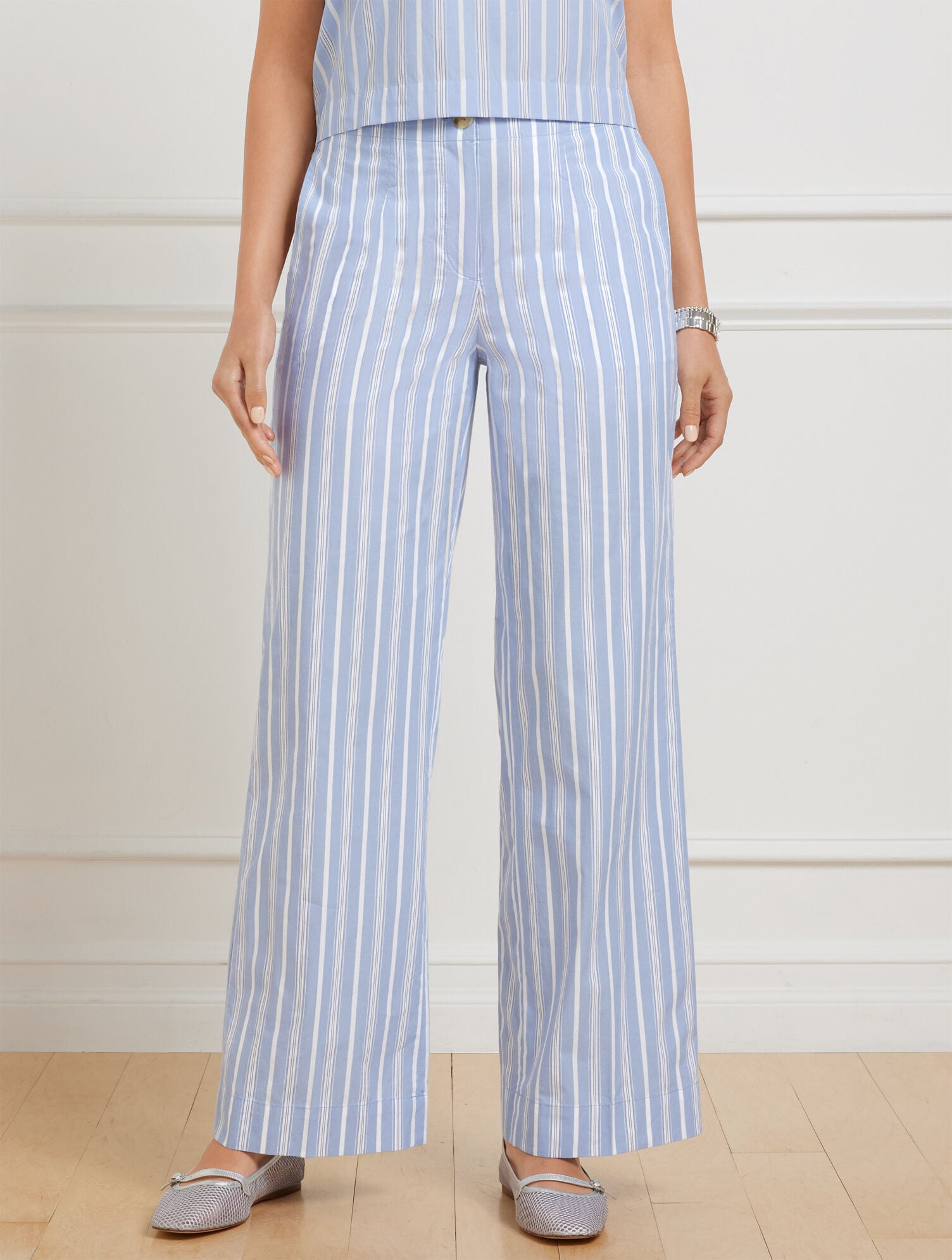 WIDE ANKLE FRESH POPLIN PANTS - DEWDROP STRIPE | Talbots US
