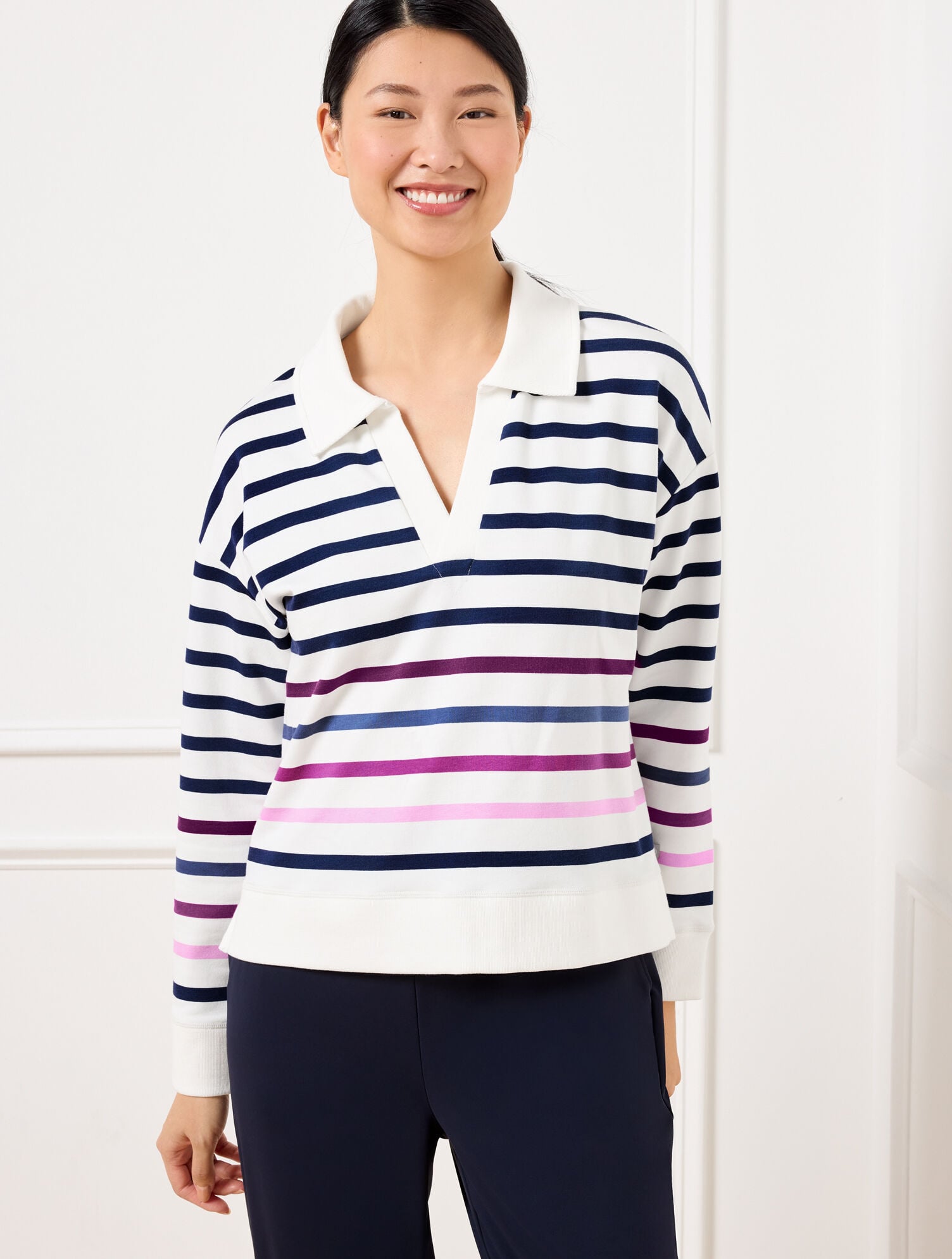MODAL FRENCH TERRY JOHNNY COLLAR PULLOVER - SPROUTS STRIPE | Talbots US