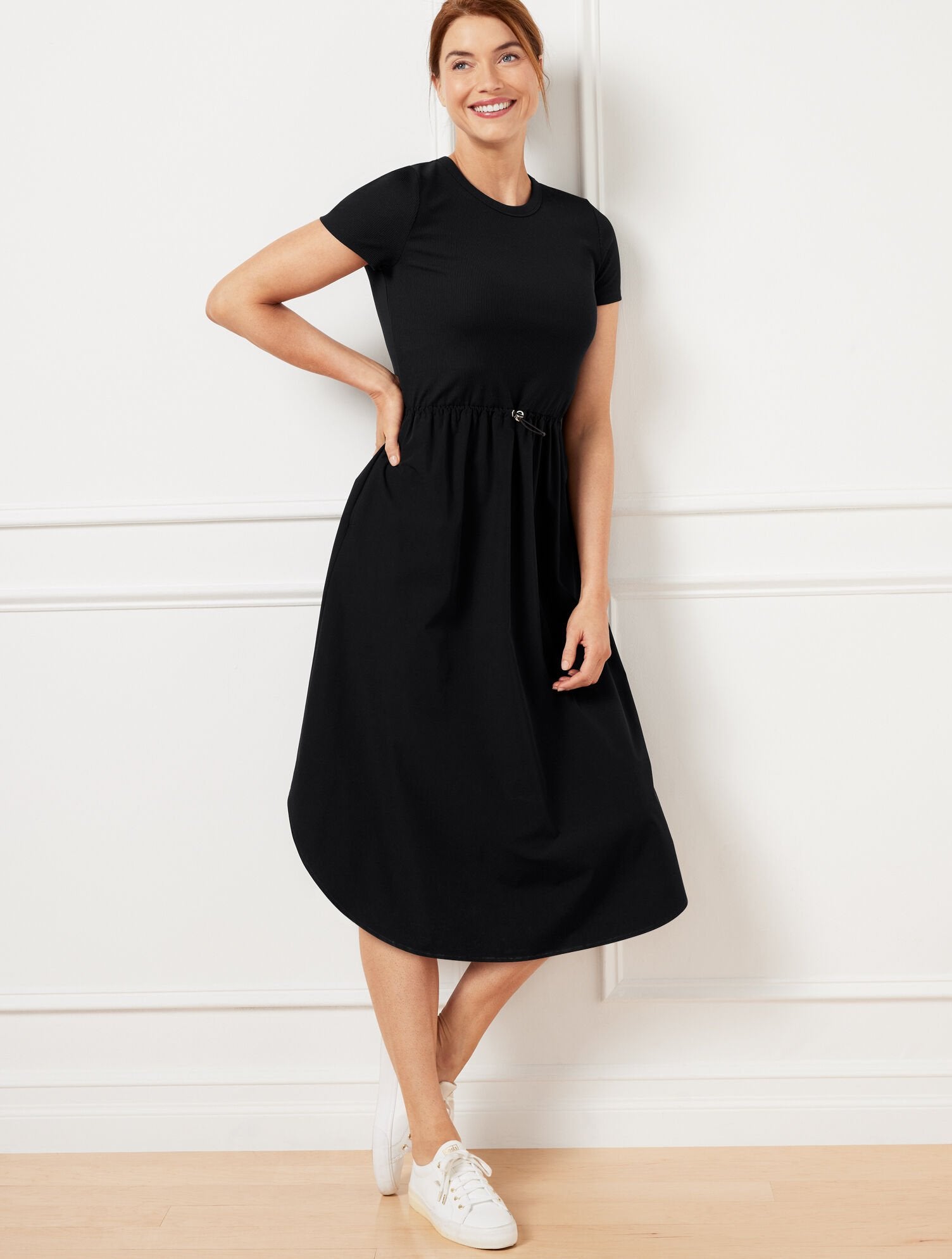MIXED MEDIA SHORT SLEEVE DRESS | Talbots on sale