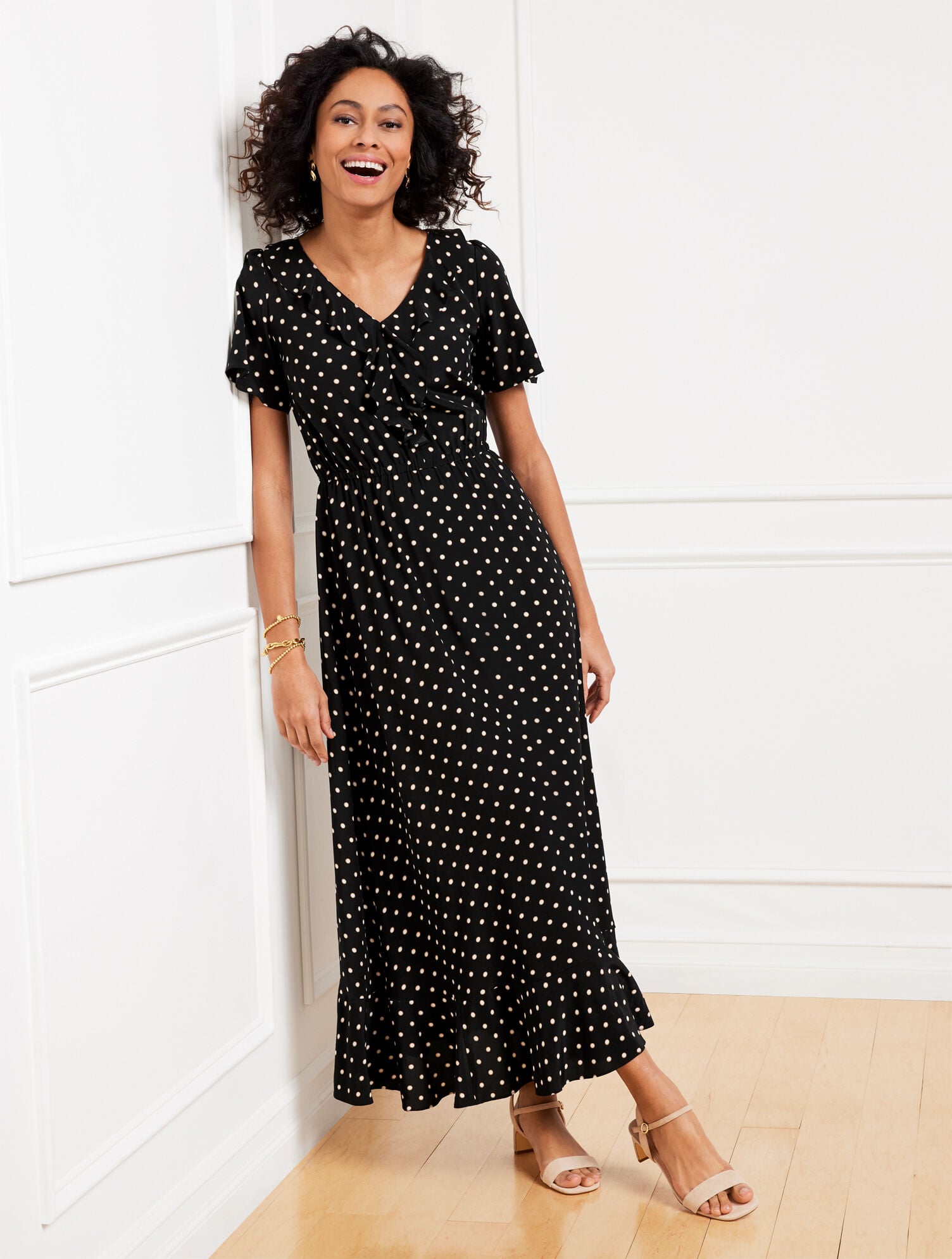 RUFFLE NECK FIT & FLARE DRESS - DAISY DOT | Talbots online
