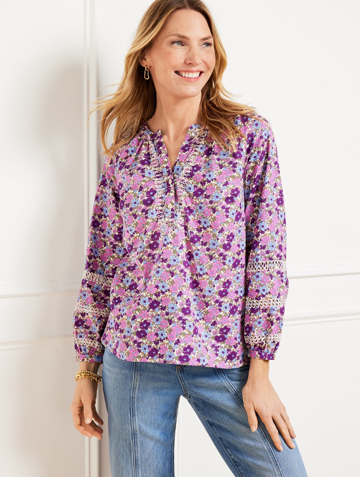 TOSSED DITSY EMBROIDERED TOP | Talbots outlet