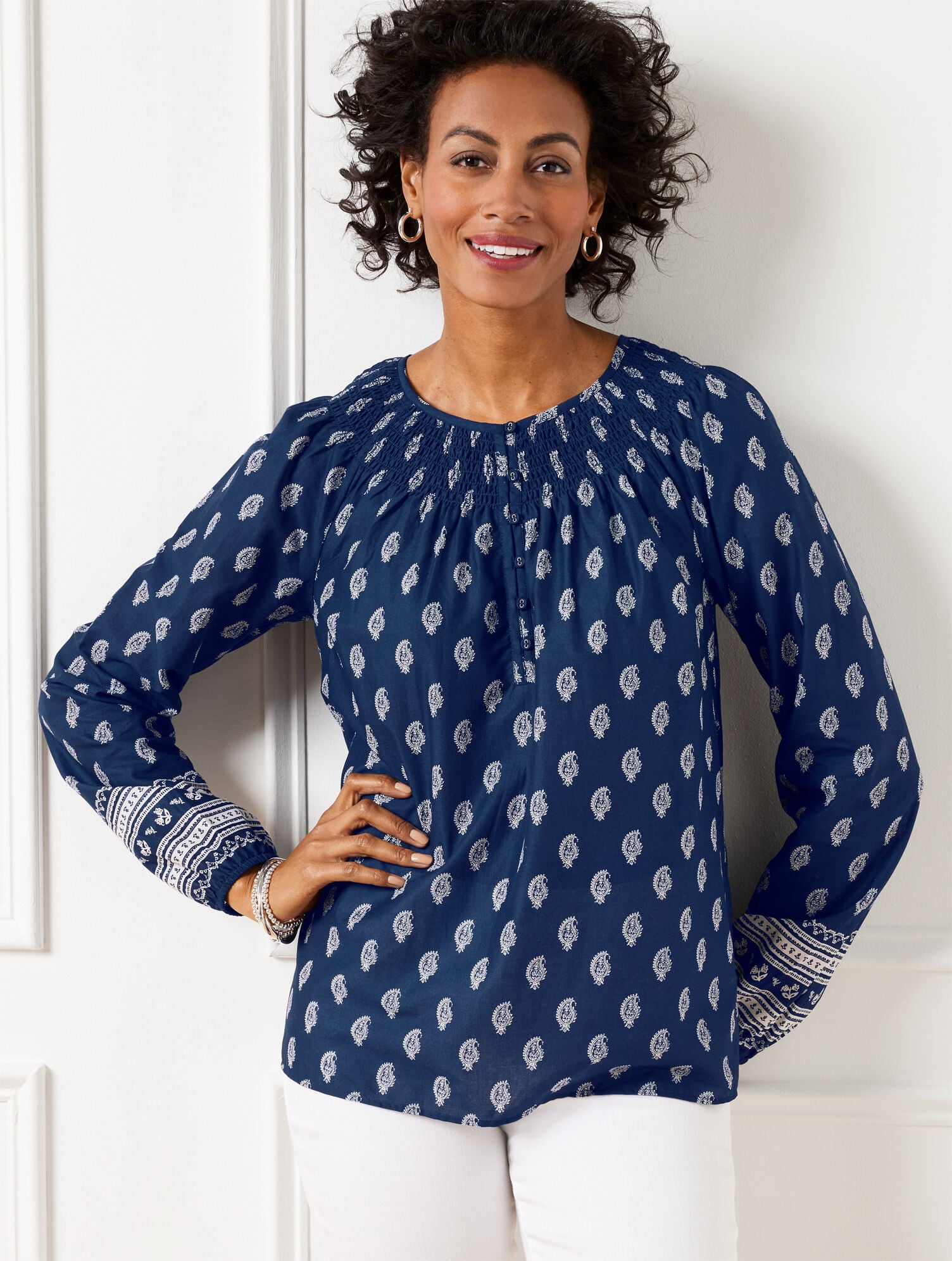 SMOCKED NECK TOP - SERENE PAISLEY | Talbots sale