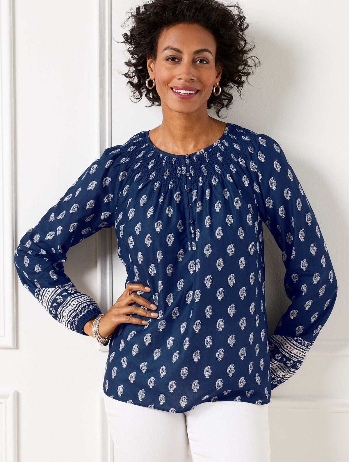 SMOCKED NECK TOP - SERENE PAISLEY | Talbots sale