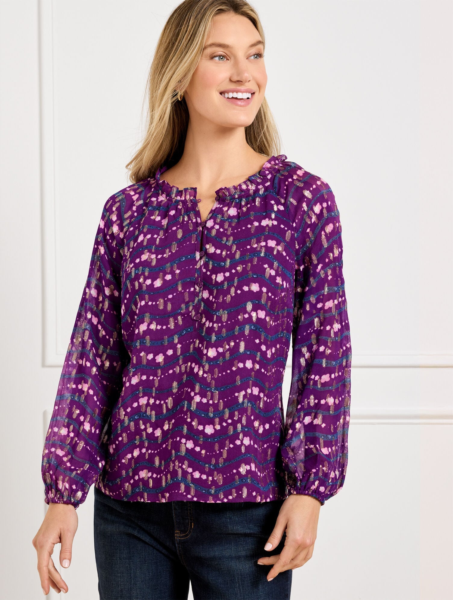 RUFFLE NECK TOP - WAVY FLORAL | Talbots discount