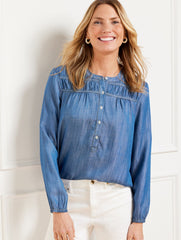 DENIM SMOCKED SHORT POPOVER | Talbots on sale