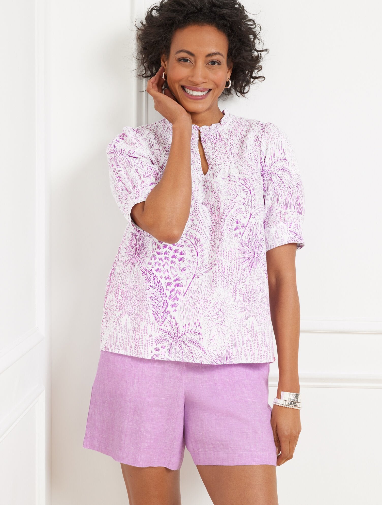 LINEN BLEND SMOCKED TOP - BLISSFUL MEADOW | Talbots US