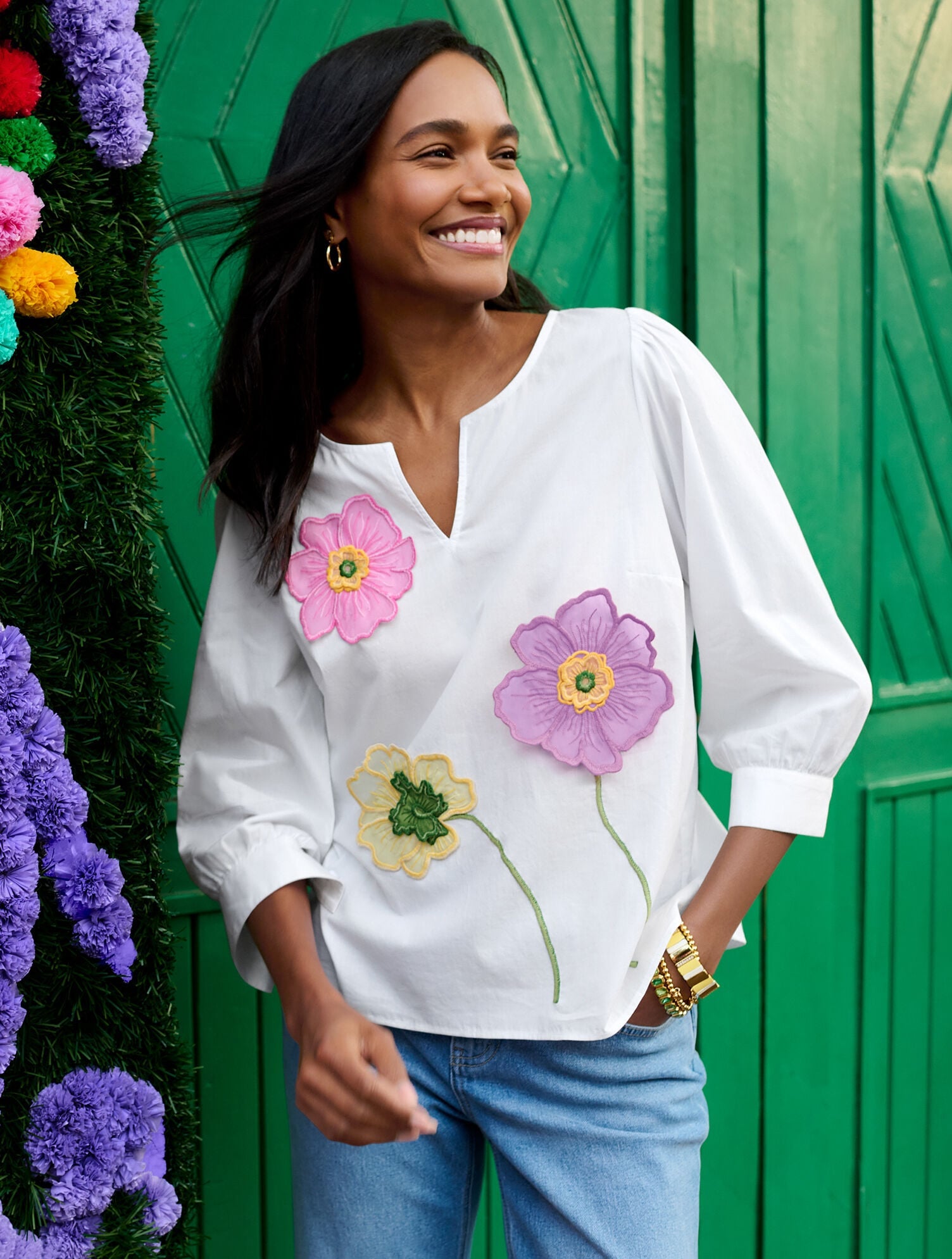 FLORAL EMBROIDERED POPLIN TOP | Talbots discount