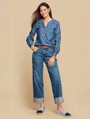 LANTERN SLEEVE SHORT DENIM TOP - KINNEY WASH | Talbots outlet