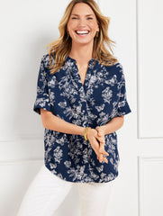 BAND COLLAR BUTTON FRONT POPLIN SHIRT - PENCIL BUTTERFLY | Talbots on sale