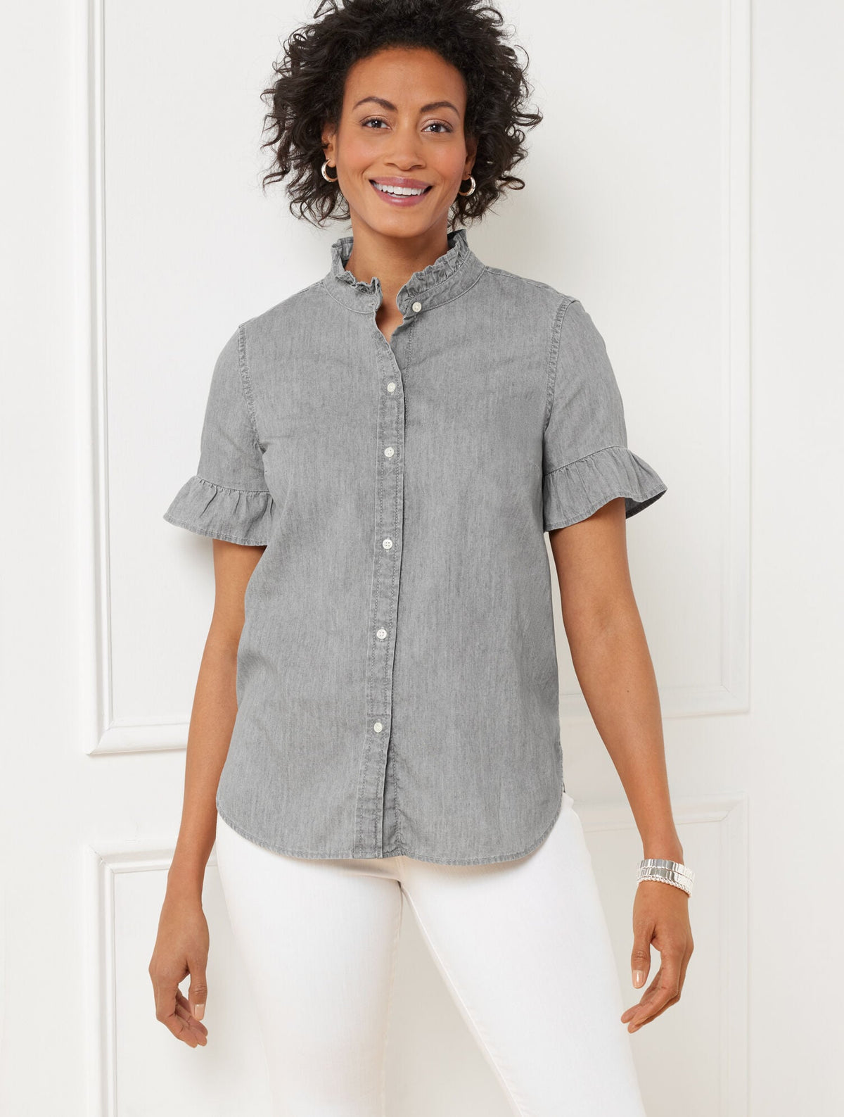 RUFFLE DENIM SHIRT - GREY WASH | Talbots sale