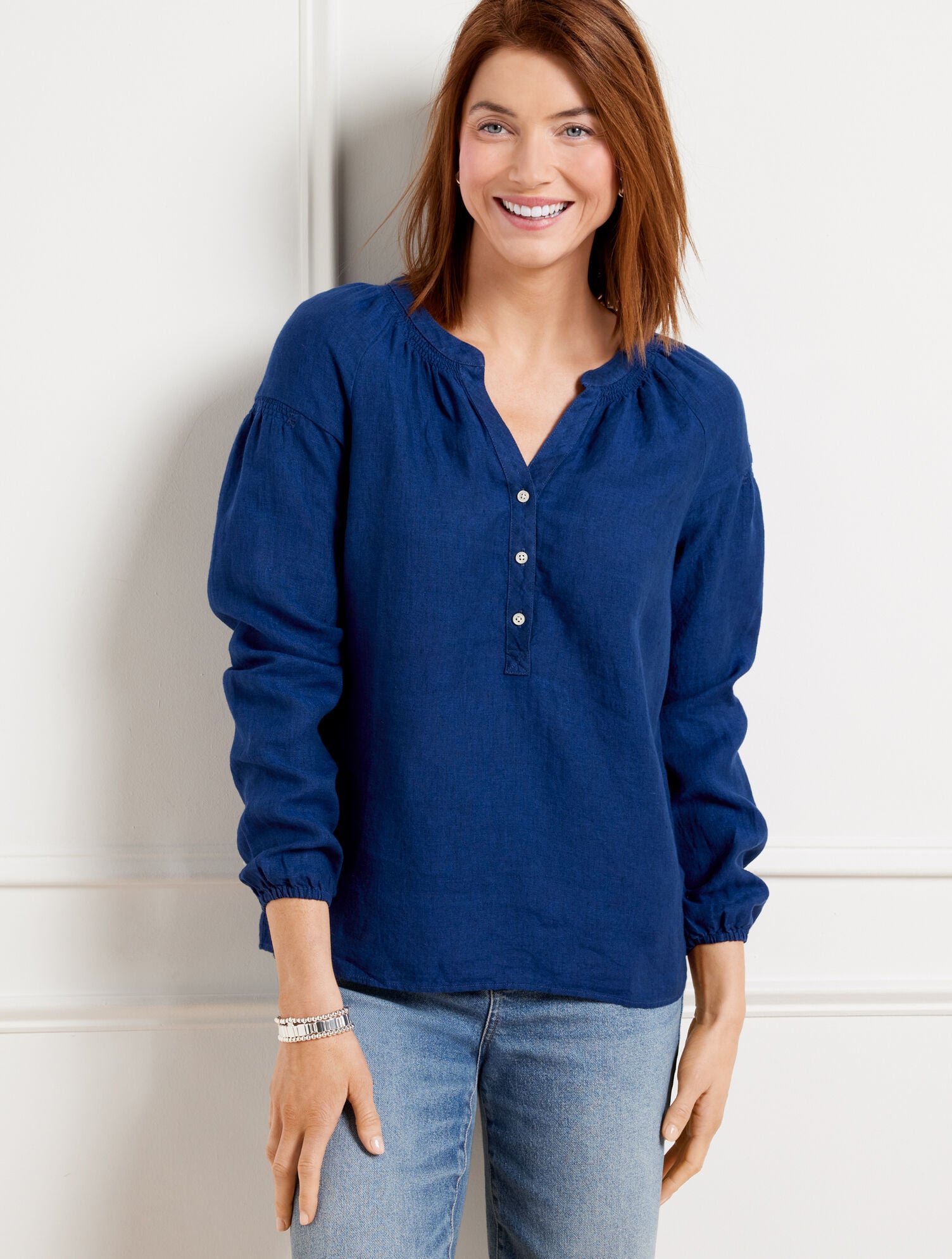 LANTERN SLEEVE LINEN TOP - DELAVE | Talbots on sale