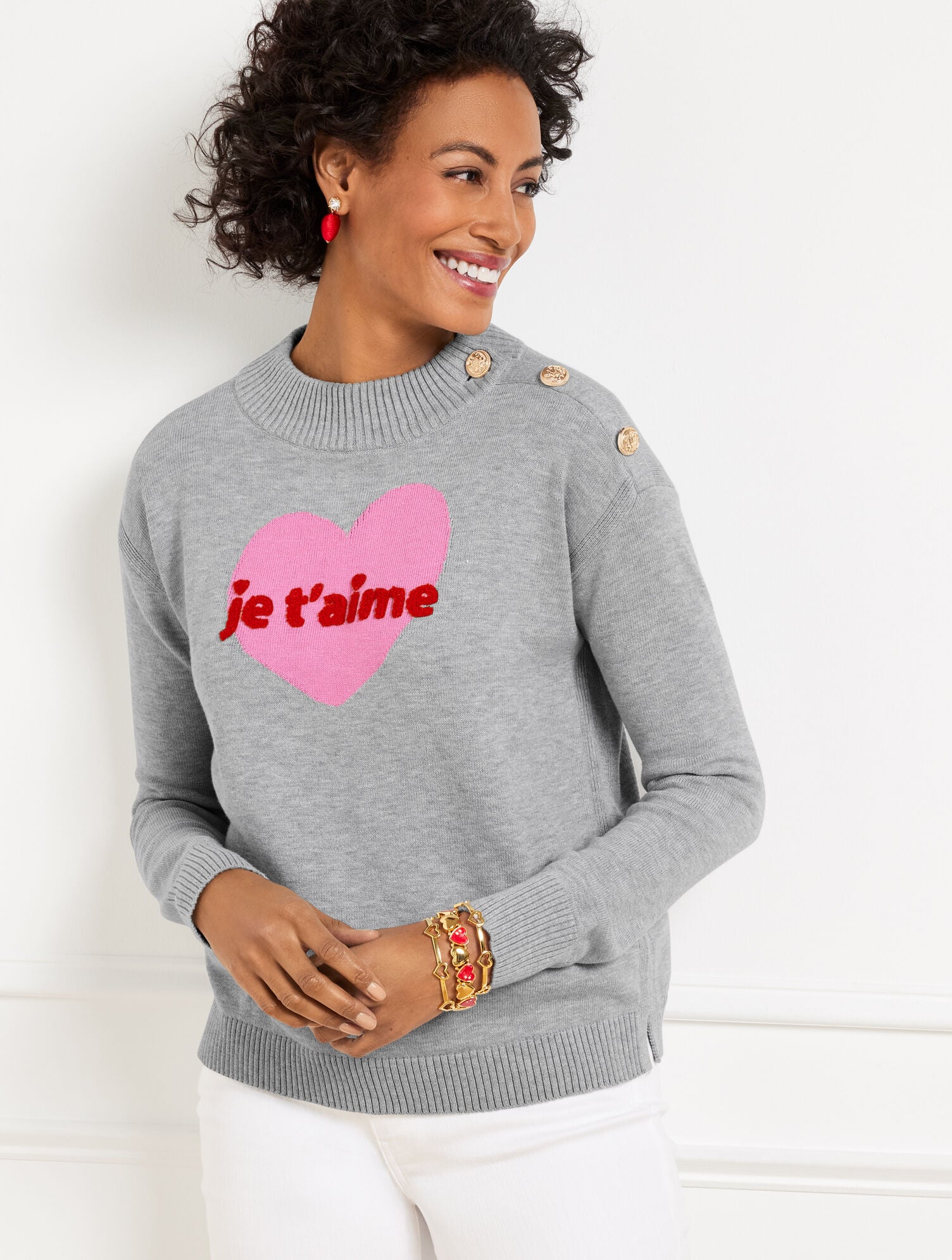 JE T’AIME HEART MOCKNECK PULLOVER | Talbots US