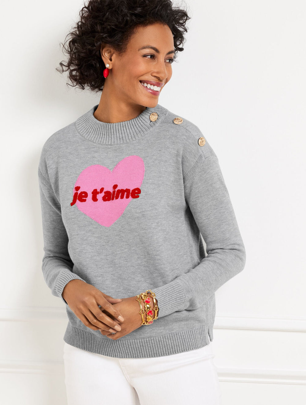 JE T’AIME HEART MOCKNECK PULLOVER | Talbots US