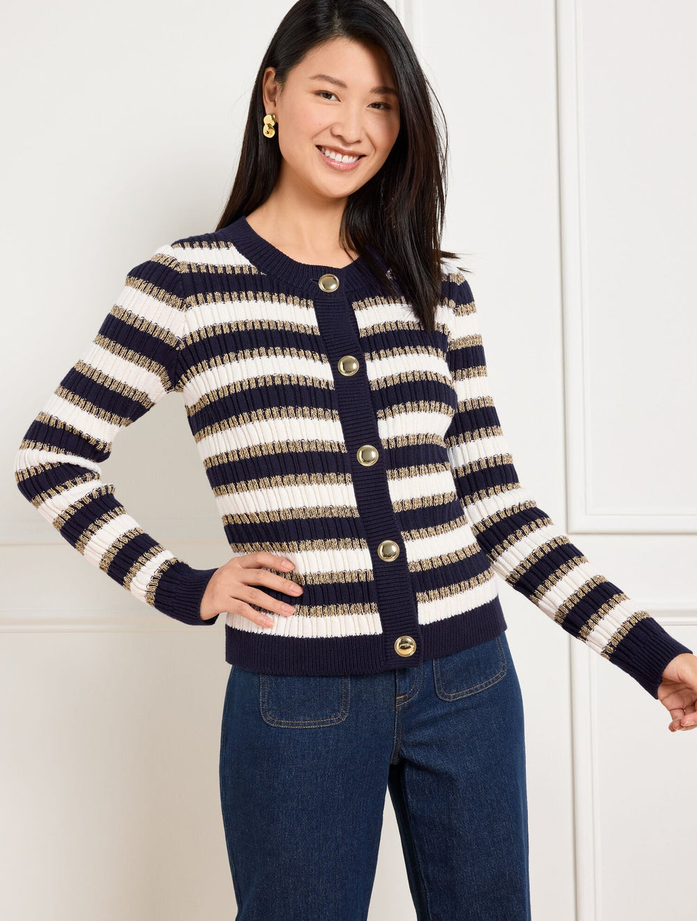 COMBED COTTON CREWNECK CARDIGAN - METALLIC STRIPE | Talbots on sale