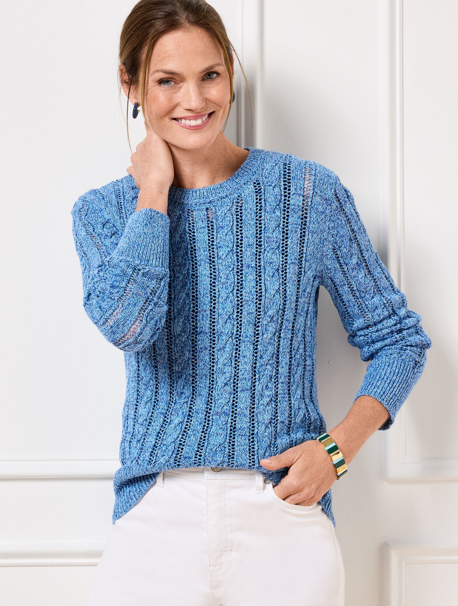 OPEN KNIT CABLE CREWNECK SWEATER - MARL | Talbots discount