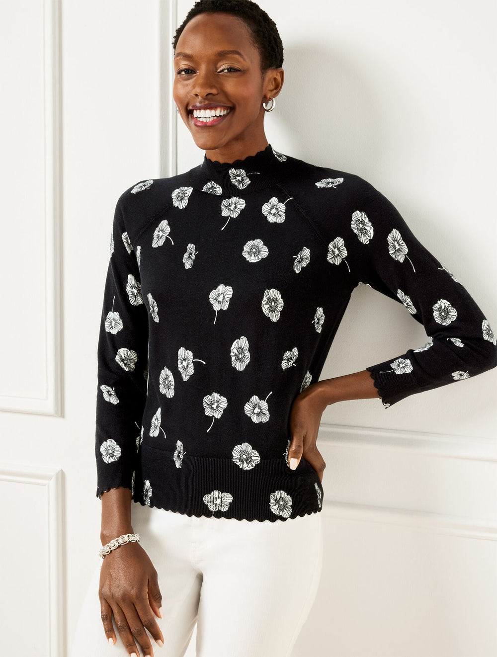 SCALLOP EDGE RAGLAN SWEATER - DECO FLOWER | Talbots for sale
