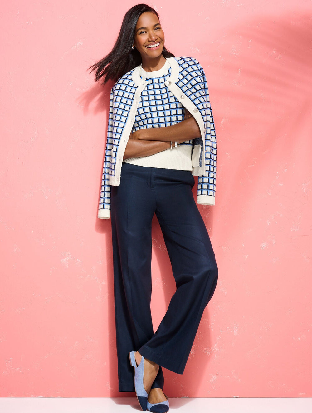 TEXTURED STITCH CREWNECK CARDIGAN - PLAID | Talbots discount