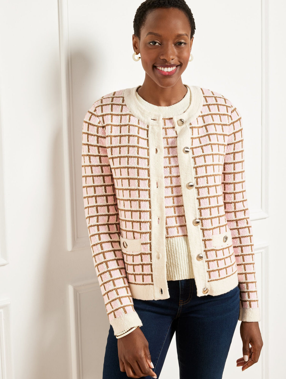 TEXTURED STITCH CREWNECK CARDIGAN - PLAID | Talbots discount
