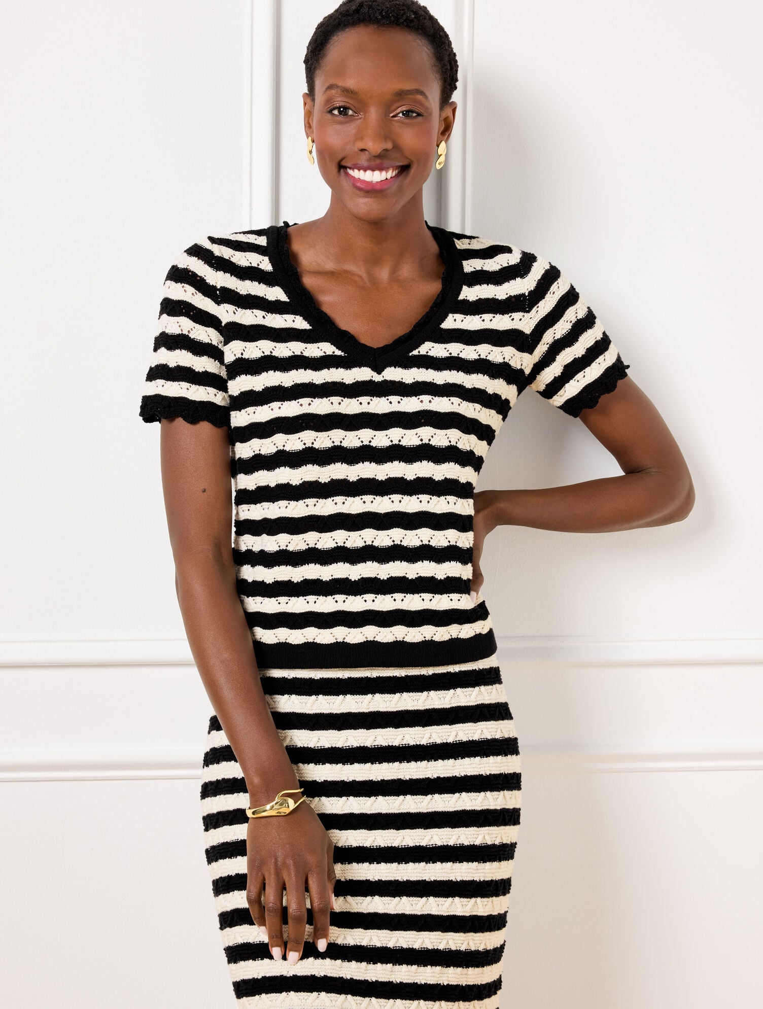 POINTELLE STRIPE SHORT SLEEVE SWEATER | Talbots on sale