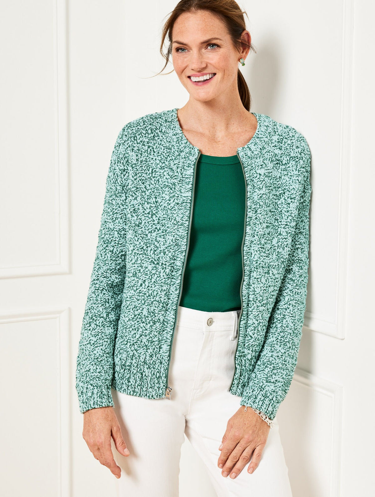 TEXTURE STITCH BOMBER CARDIGAN - MARL | Talbots near me