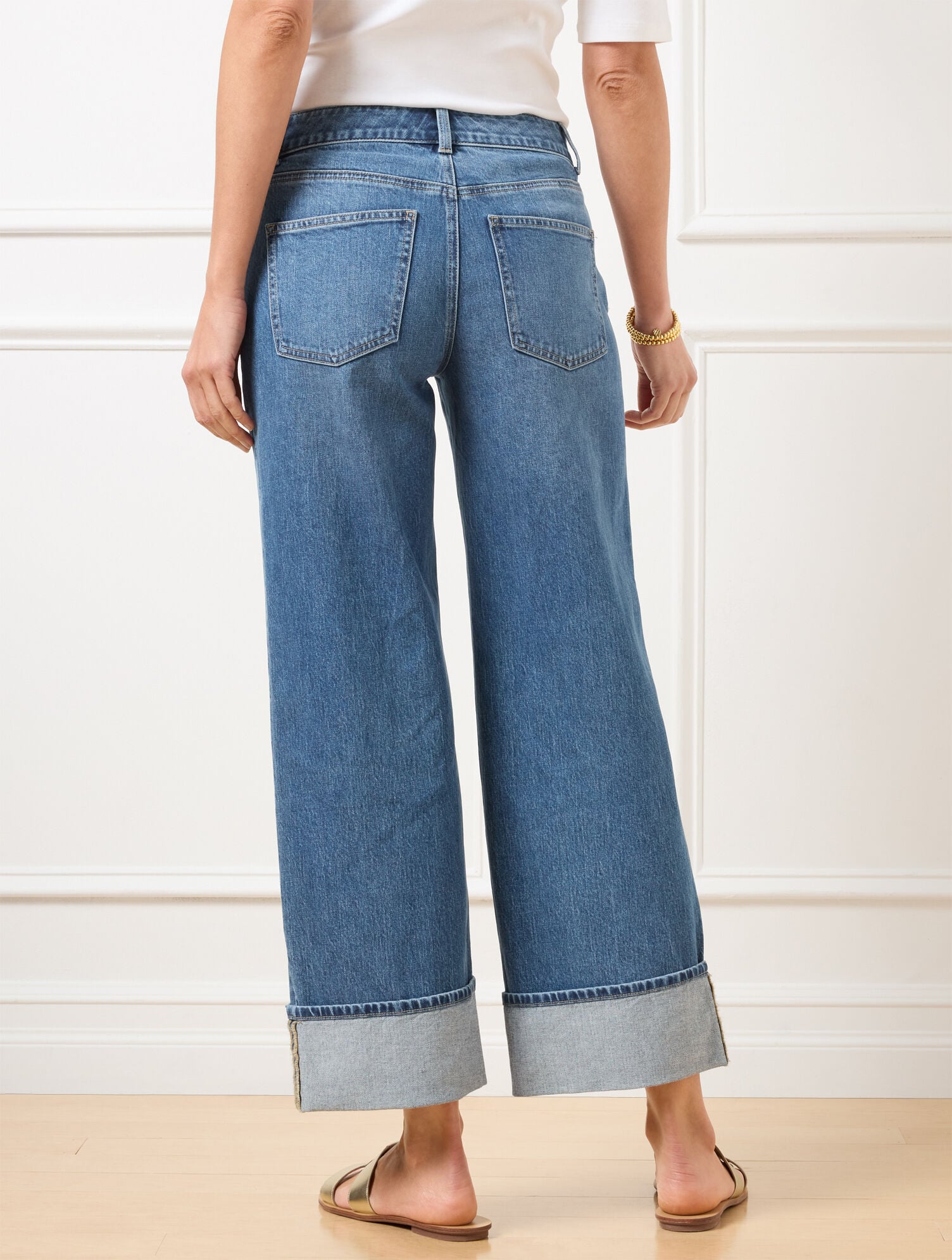 WIDE STRAIGHT ANKLE EMBROIDERED CUFF JEANS - BOTANICA WASH | Talbots sale