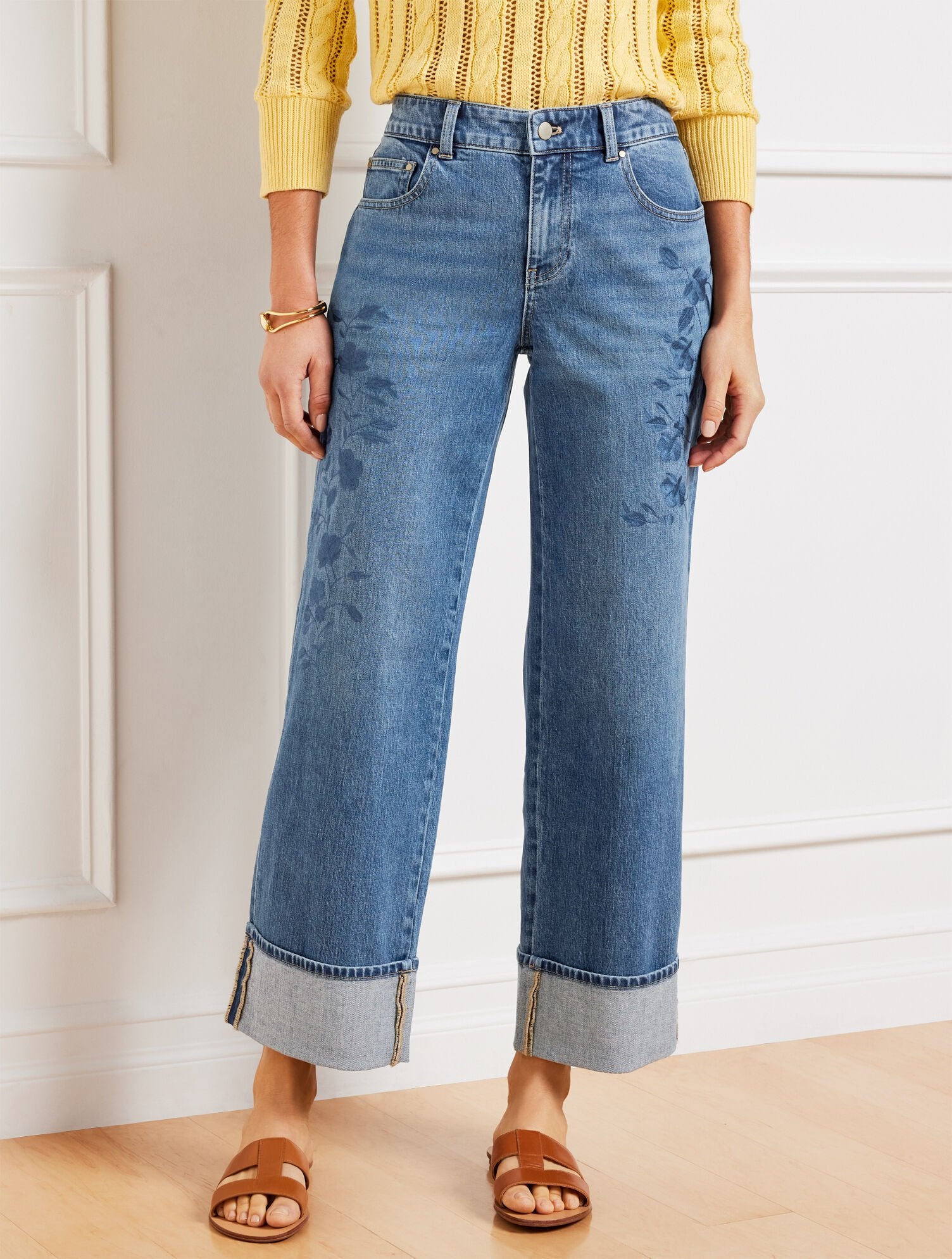 WIDE STRAIGHT ANKLE EMBROIDERED CUFF JEANS - BOTANICA WASH | Talbots sale