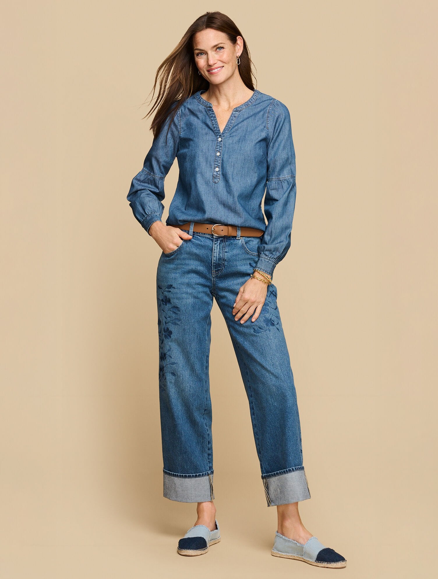 WIDE STRAIGHT ANKLE EMBROIDERED CUFF JEANS - BOTANICA WASH | Talbots sale