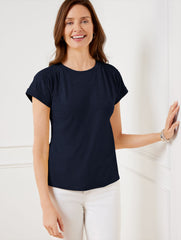 SMOCKED SHOULDER CREWNECK TEE | Talbots for sale