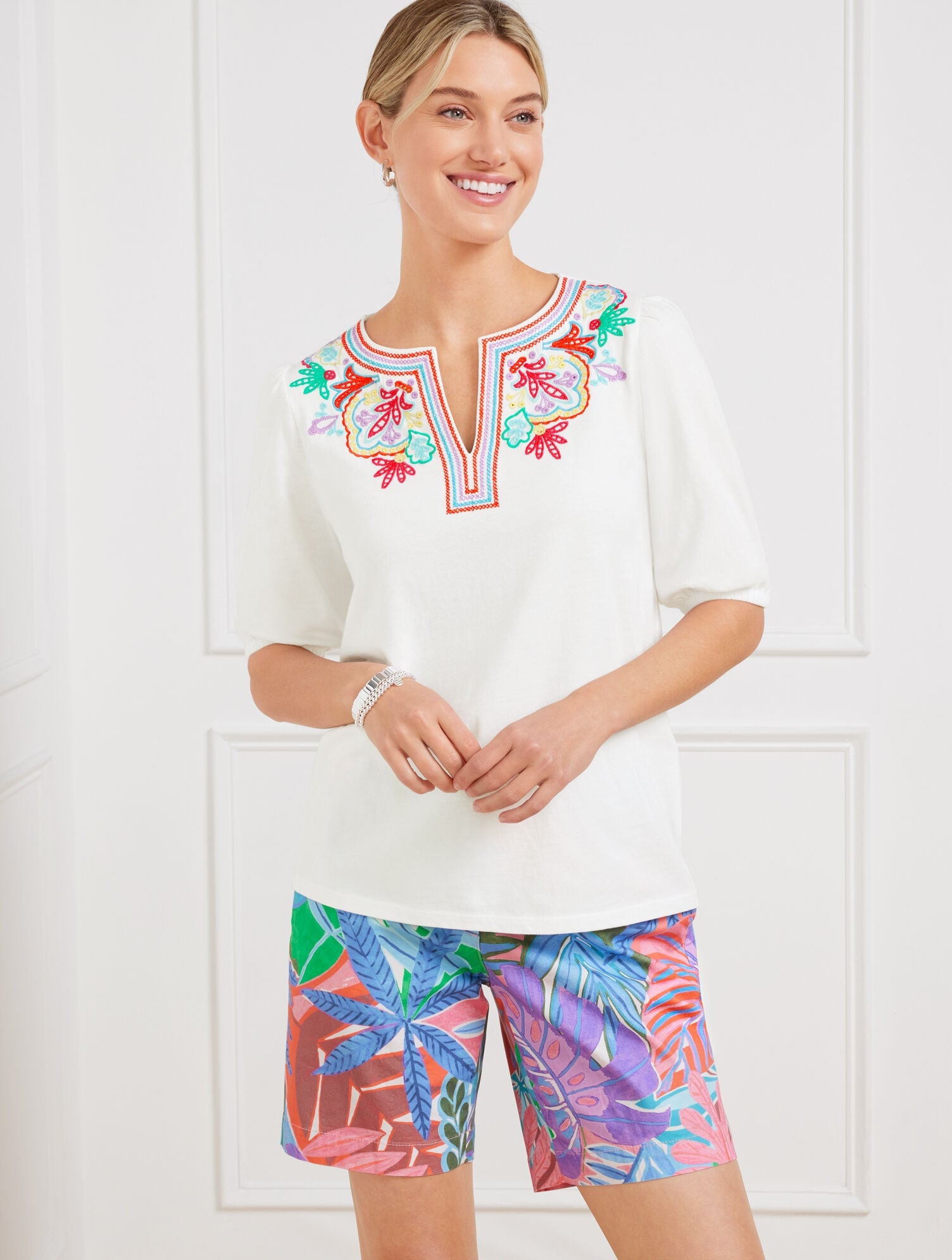 EMBROIDERED SPLIT NECK TOP | Talbots US