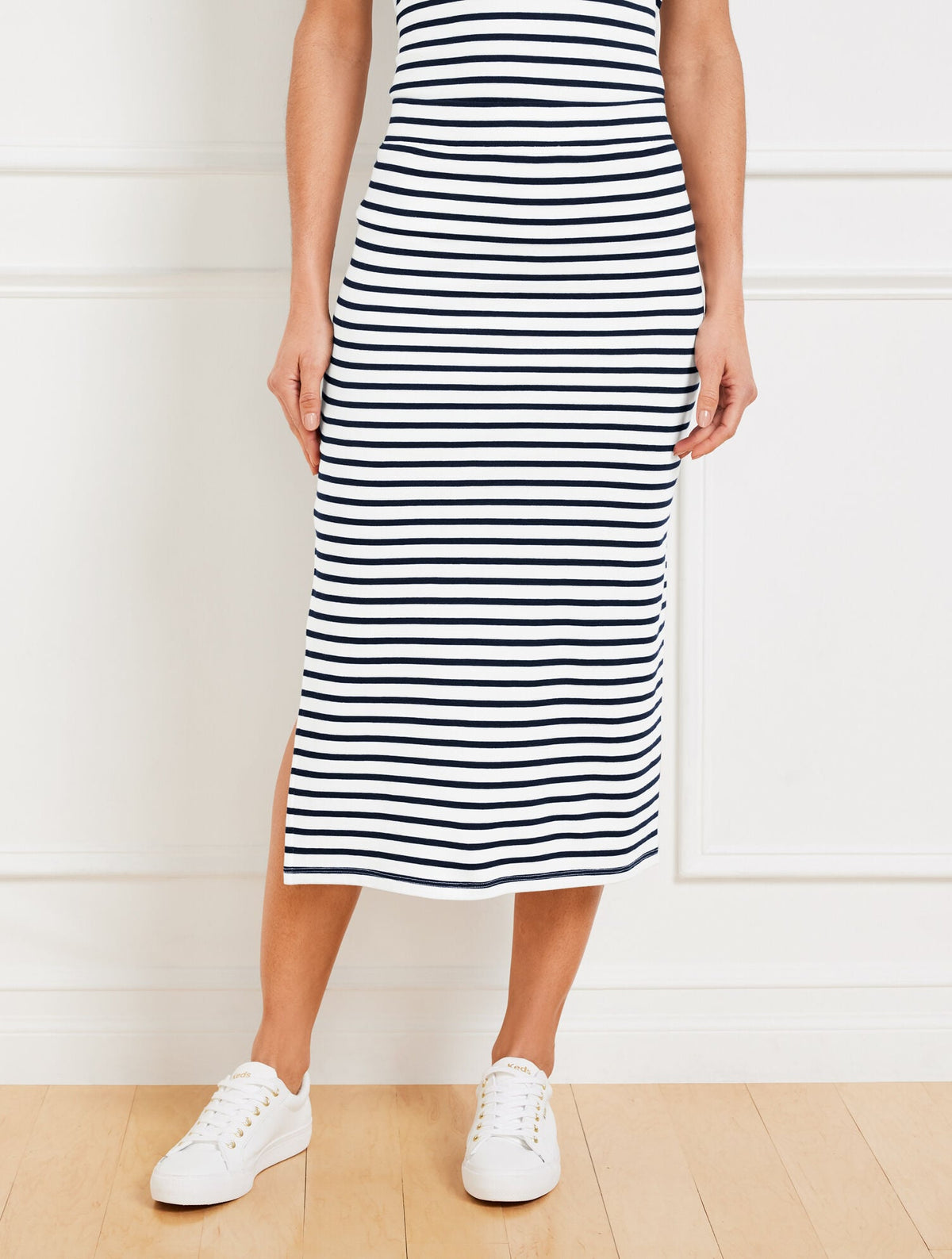 SEASIDE FRENCH TERRY STRIPE MIDI SKIRT | Talbots sale