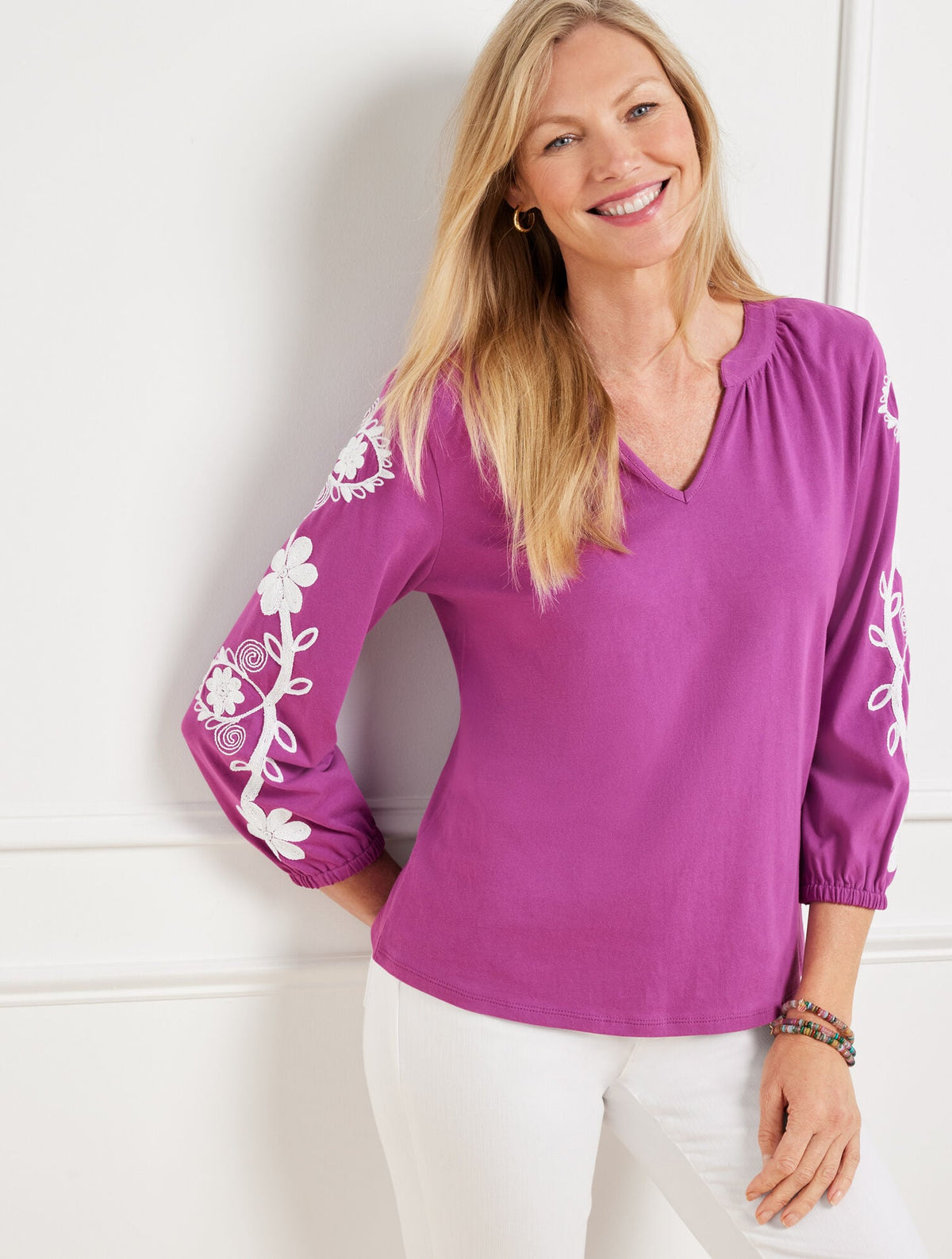 EMBROIDERED SPLIT NECK TEE | Talbots sale