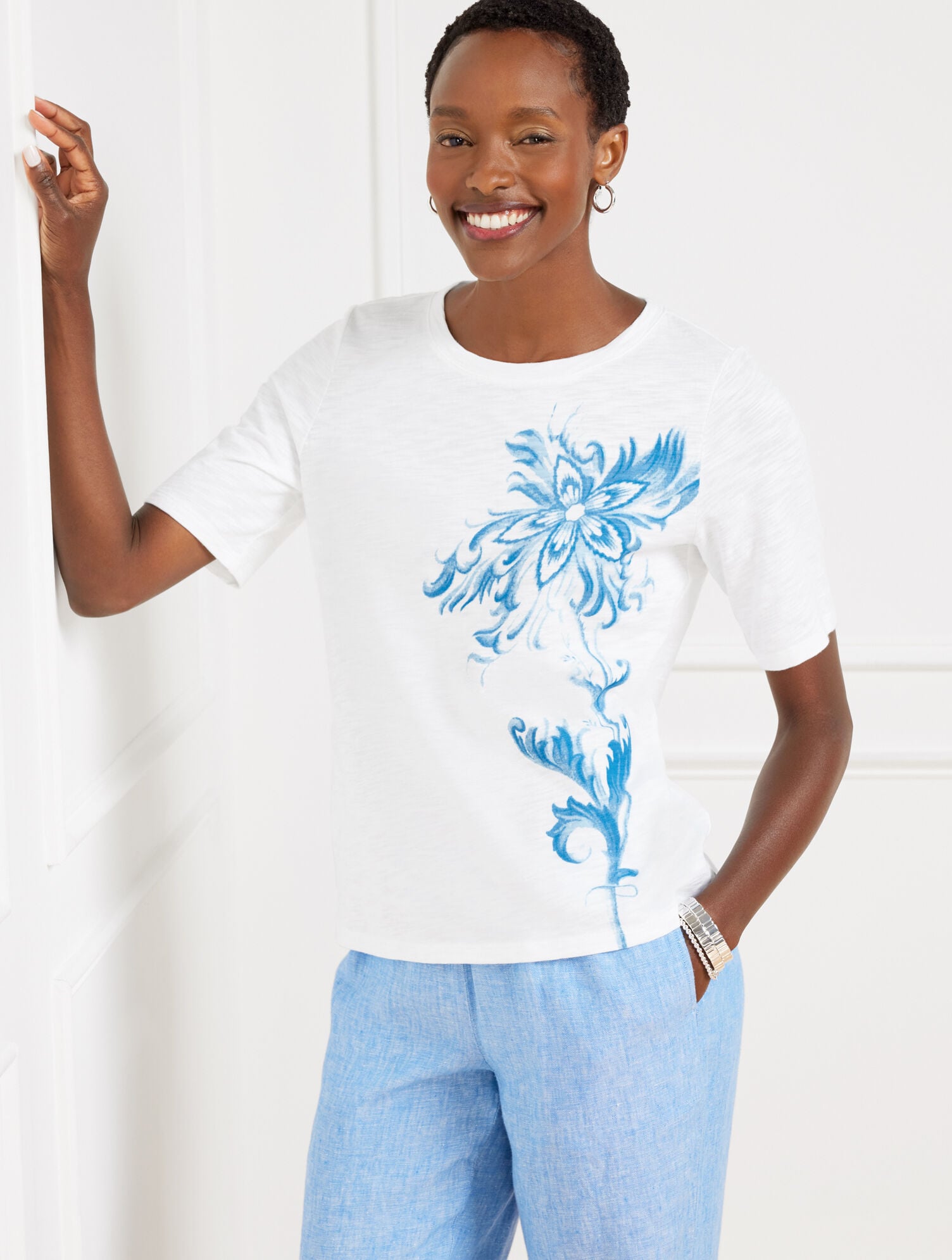 ELBOW SLEEVE CREWNECK TEE - OCEAN FLORA | Talbots on sale