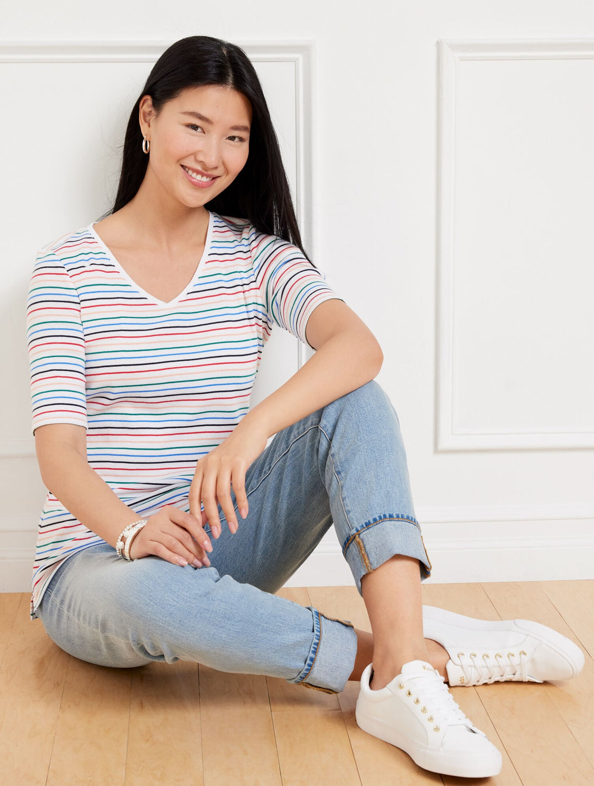 ELBOW SLEEVE V-NECK TEE - MARGOT STRIPE | Talbots discount