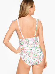 AQUA CLUB RUFFLE V-NECK ONE-PIECE SWIMSUIT - ISLAND PAISLEY | Talbots outlet