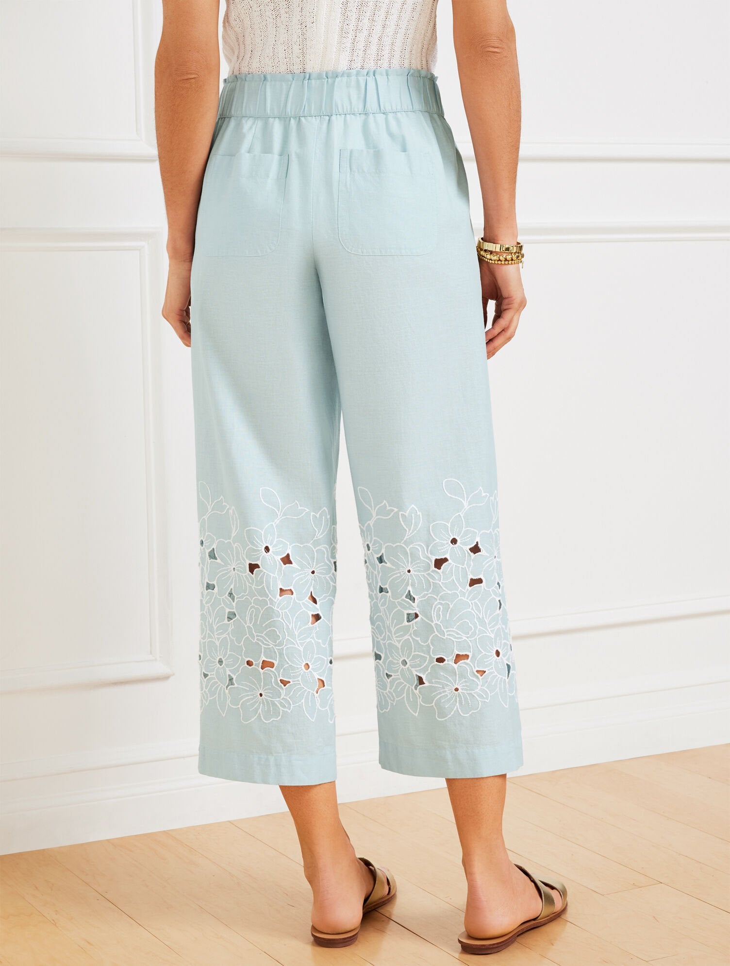 WIDE CROP PULL-ON EMBROIDERED WASHED LINEN PANTS | Talbots for sale