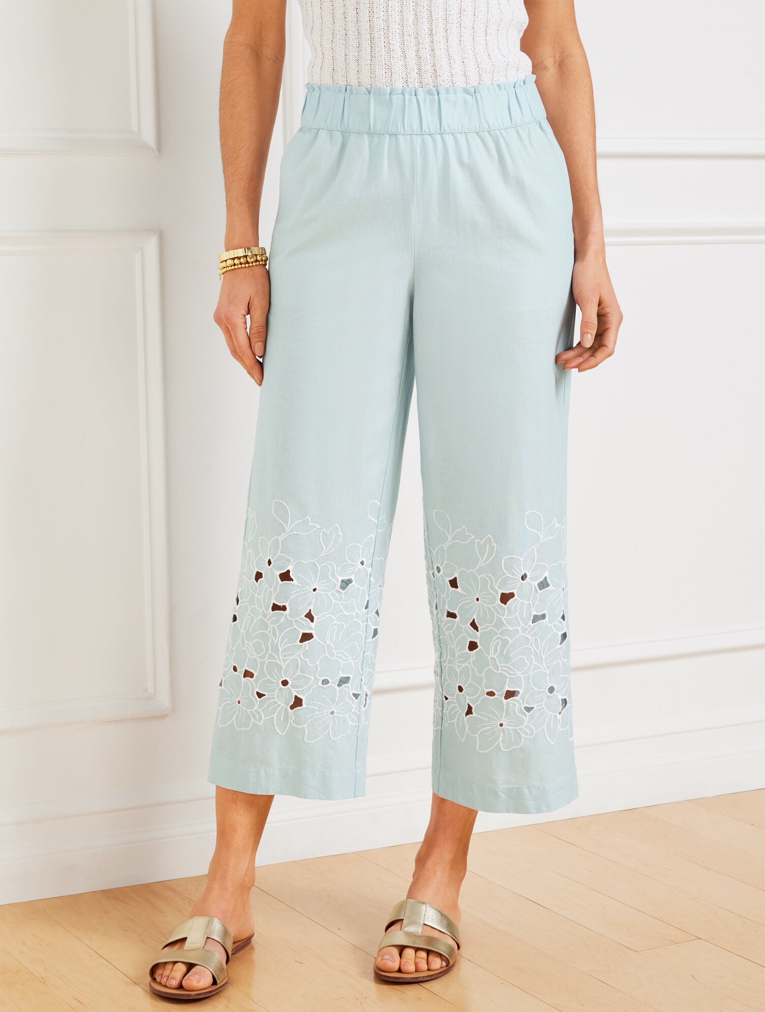WIDE CROP PULL-ON EMBROIDERED WASHED LINEN PANTS | Talbots for sale