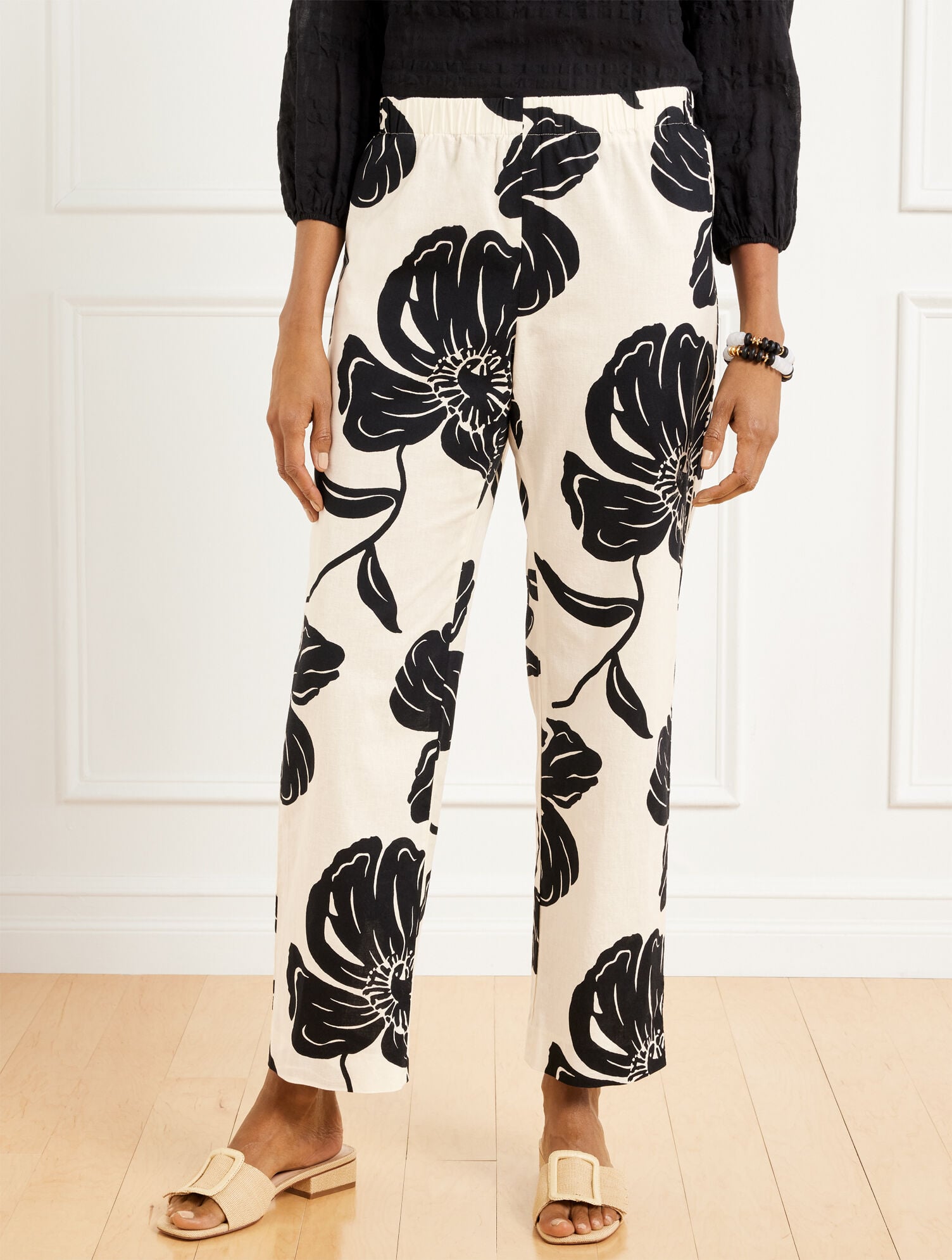 STRAIGHT ANKLE PULL-ON WASHED LINEN PANTS - STUNNING BLOOMS | Talbots discount