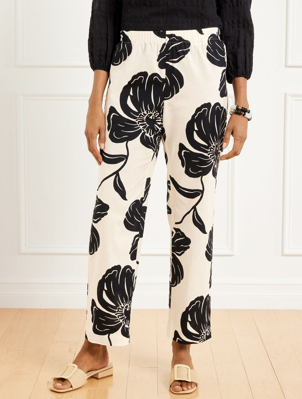 STRAIGHT ANKLE PULL-ON WASHED LINEN PANTS - STUNNING BLOOMS | Talbots discount