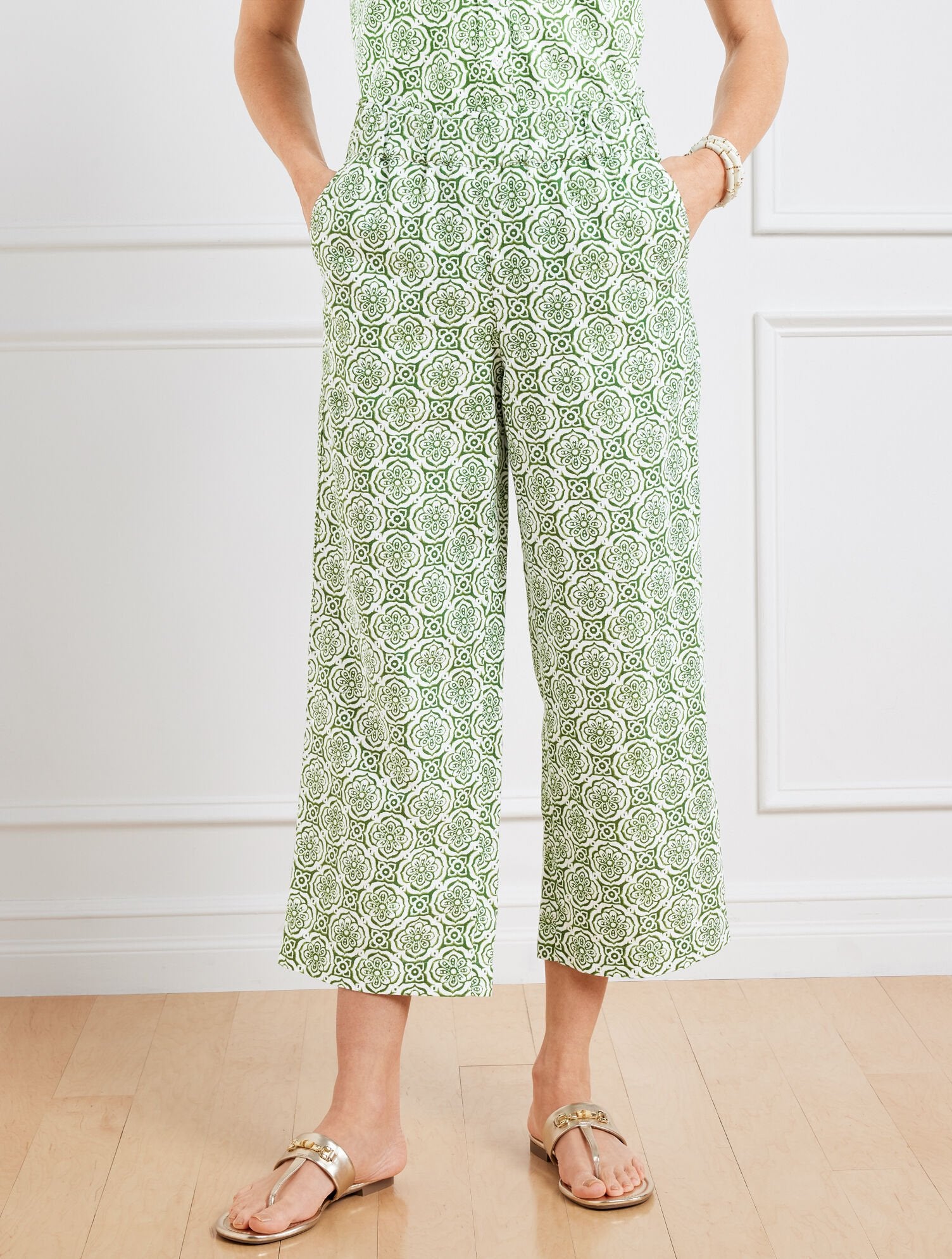 WIDE CROP WASHED LINEN PANTS - PRETTY MEDALLION | Talbots outlet