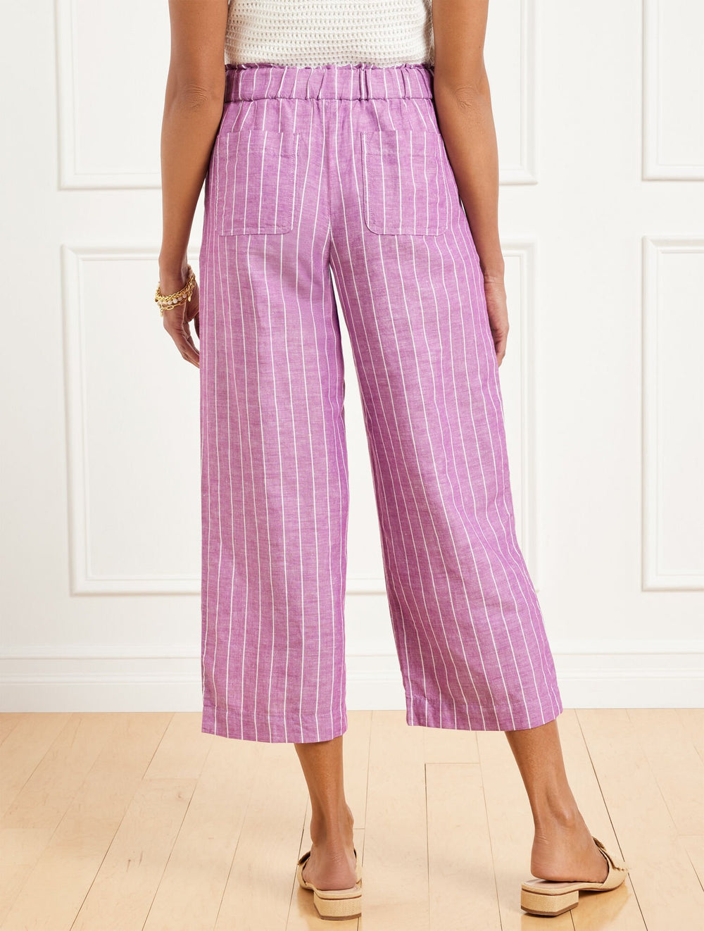 WIDE CROP WASHED LINEN PULL-ON PANTS - RIVIERA STRIPE | Talbots sale