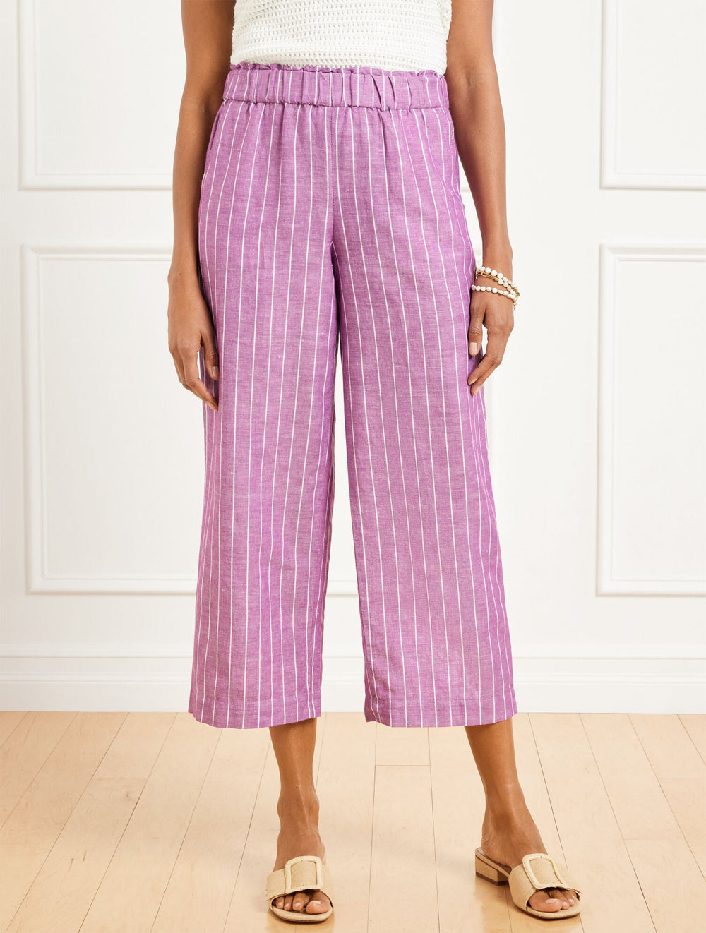 WIDE CROP WASHED LINEN PULL-ON PANTS - RIVIERA STRIPE | Talbots sale