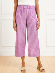 WIDE CROP WASHED LINEN PULL-ON PANTS - RIVIERA STRIPE | Talbots sale