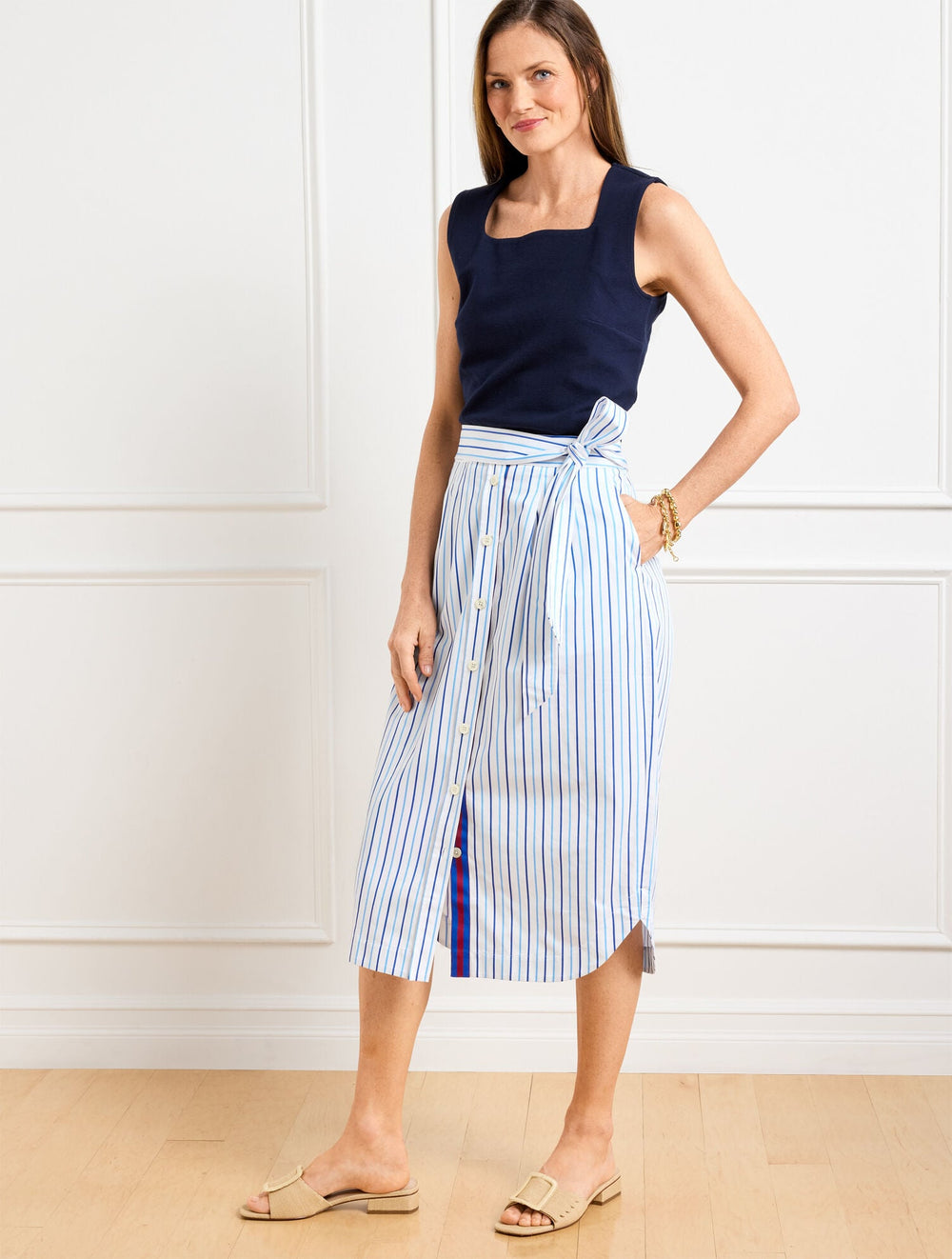 FRESH POPLIN TIE WAIST MIDI SKIRT - VERANDA STRIPE | Talbots outlet