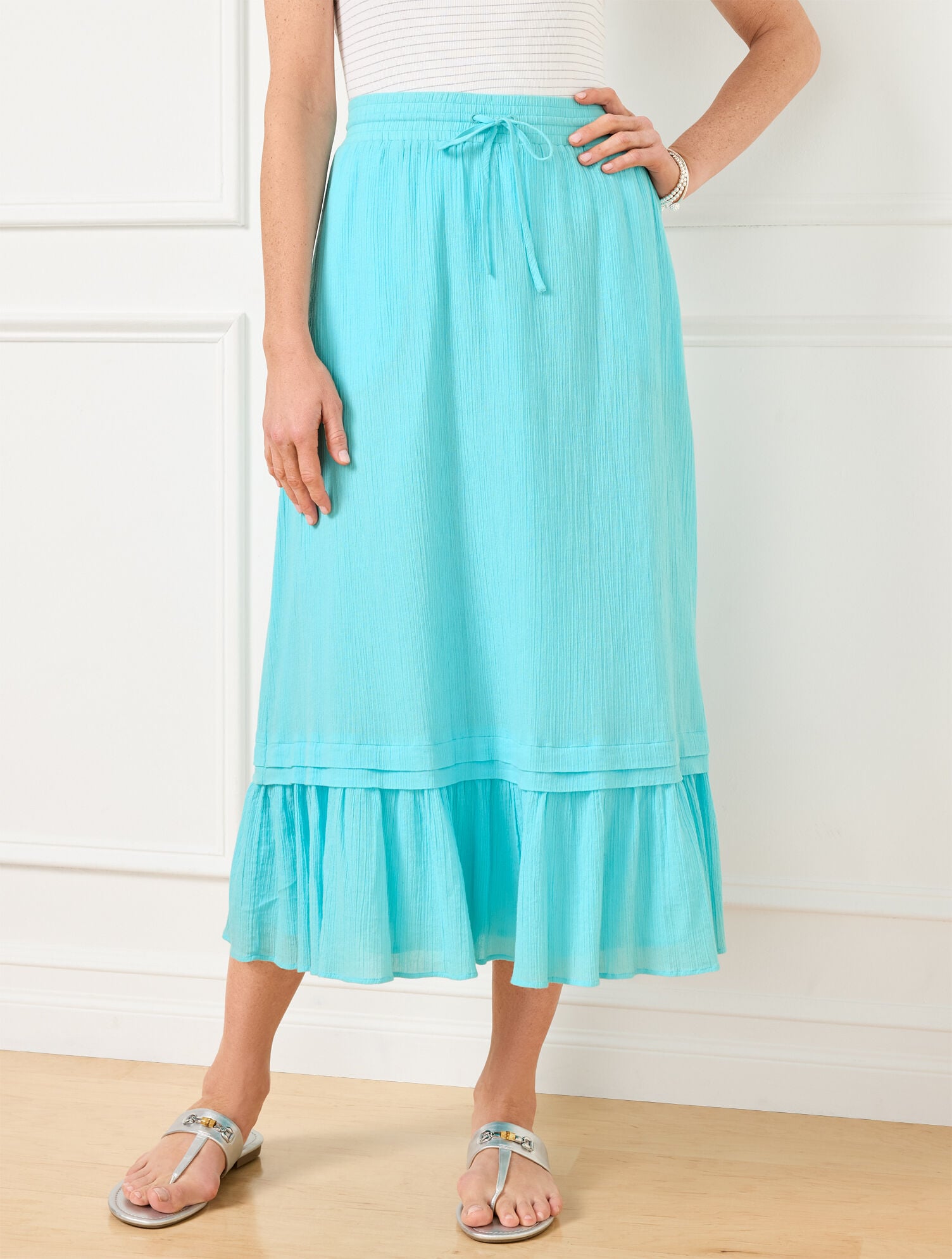 CRINKLE GAUZE TIERED MIDI SKIRT | Talbots online