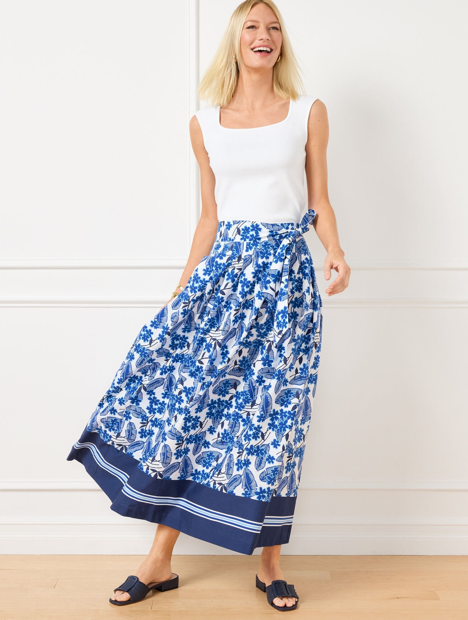 PIPER PLEATED PATIO MAXI SKIRT - FLORAL PALMS | Talbots sale